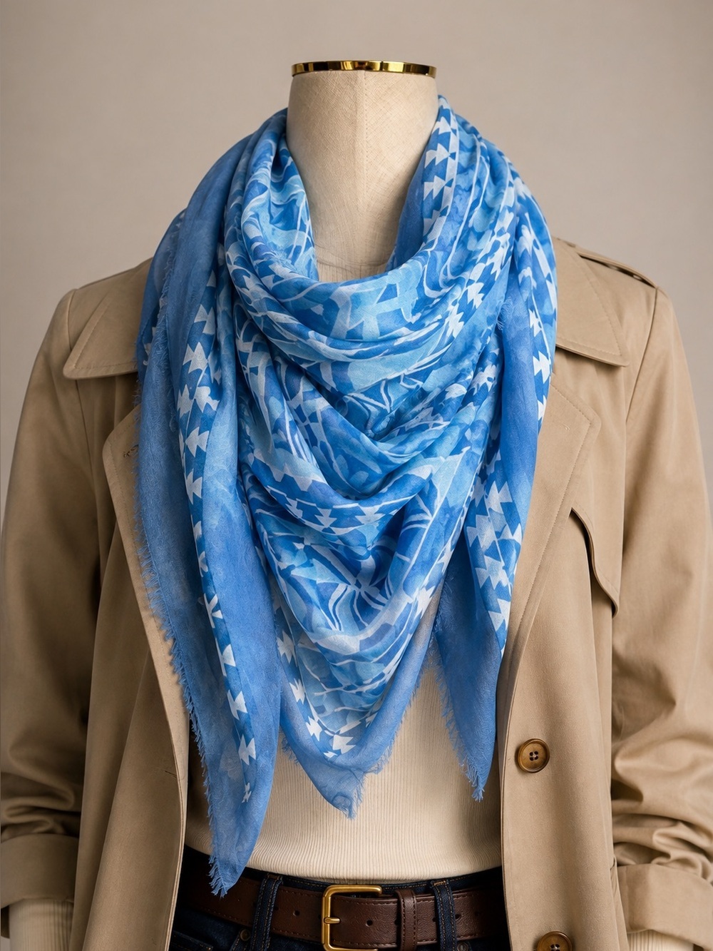J.McLaughlin NWT Giselle Blue Abstract Border Modal Silk Scarf Wrap